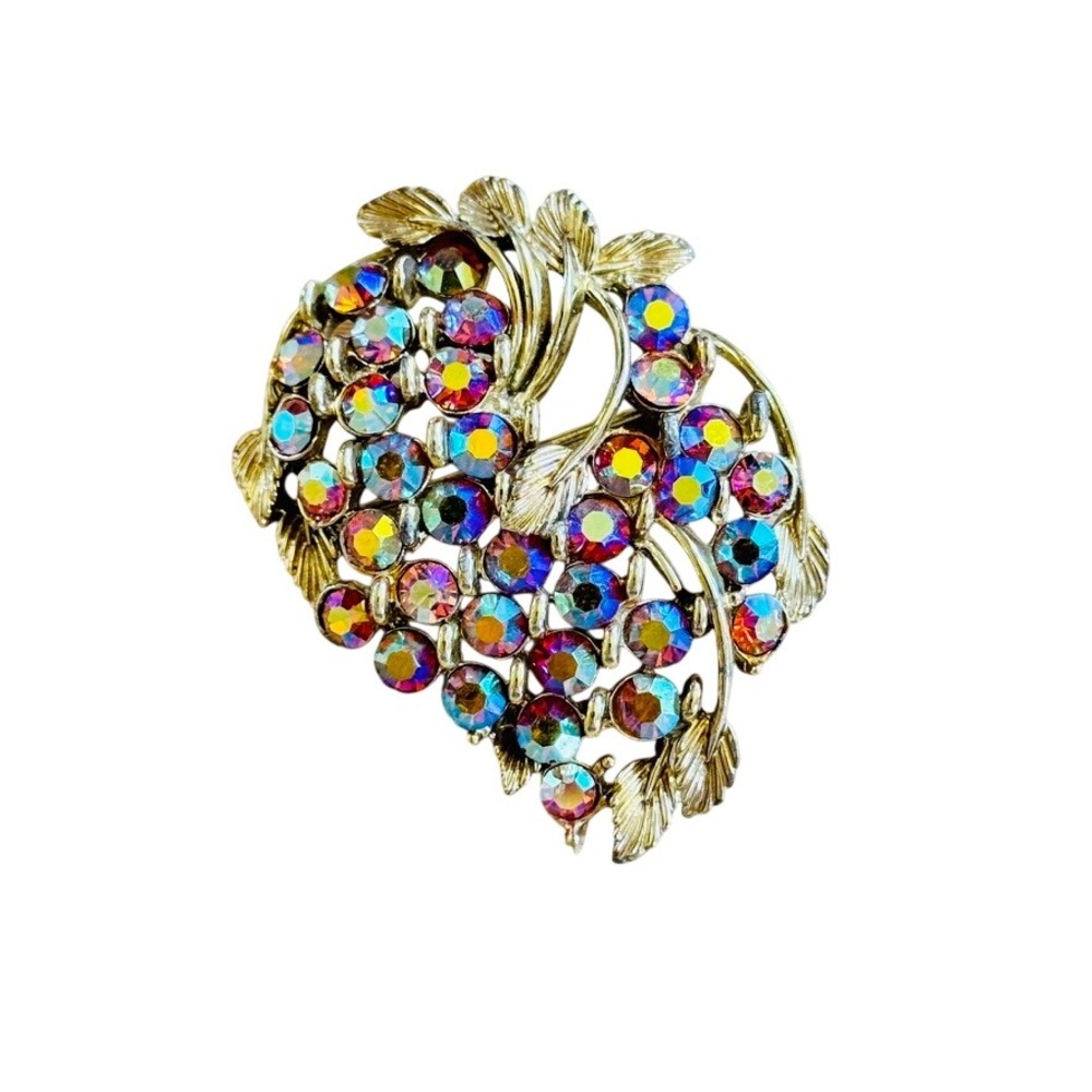 Whimsical Grape Cluster BSK Brooch Pin VTG Aurora Borealis Rhinestone Gold 60s